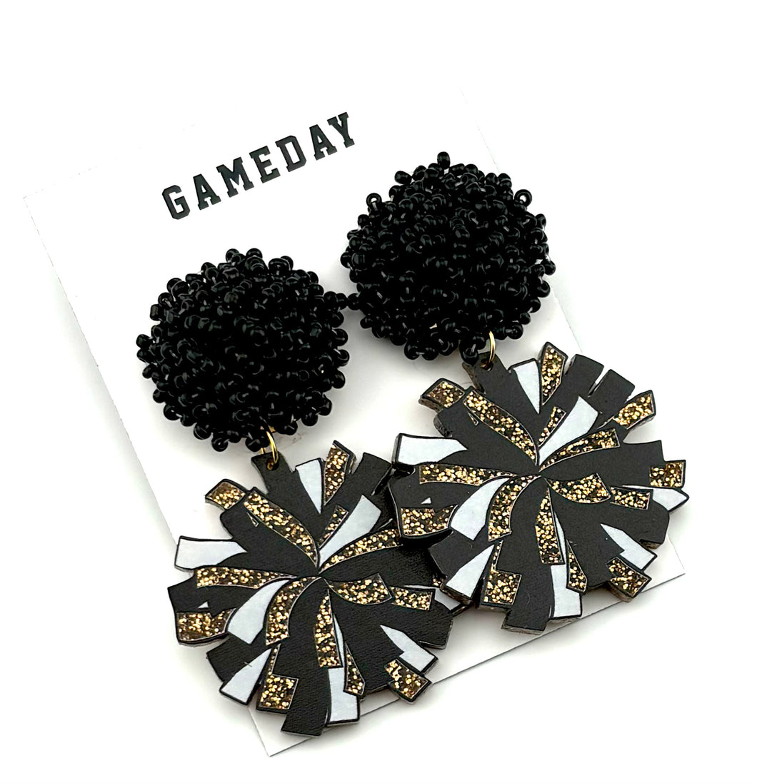 Cheer Pom Earrings - Vegas gold White Black