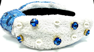 Blue/White Sequin Headband with Jewels