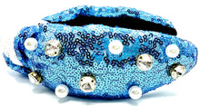 Load image into Gallery viewer, Blue/White Sequin Headband with Jewels
