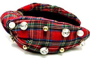 Christmas Plaid with clear jewels white/gold pearls Headband