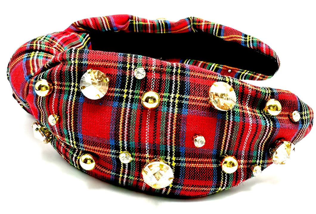 Christmas Plaid with gold jewels/pearls Headband