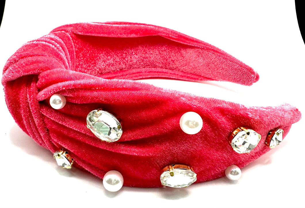 Velvet Hot Pink Jewels and Pearls headband