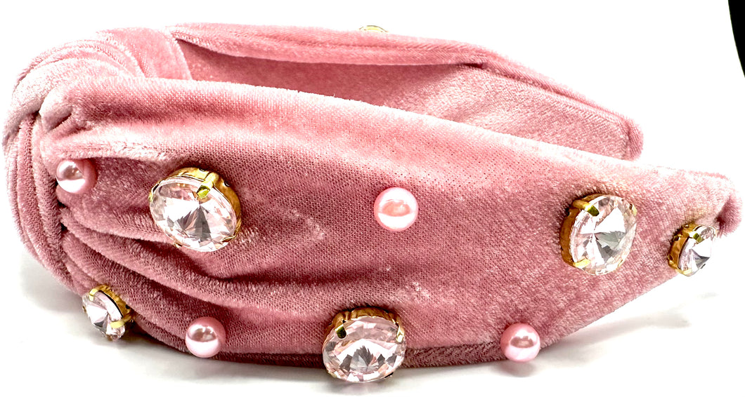 Velvet Light Pink Jewels and Pearls Headband