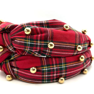 Christmas Plaid Headband with gold pearls