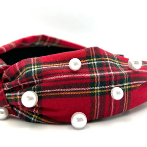 Christmas Plaid Headband with white pearls