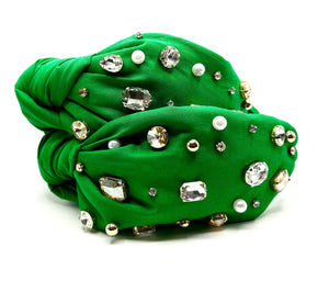 Green Headband with Gold + Clear Jewels