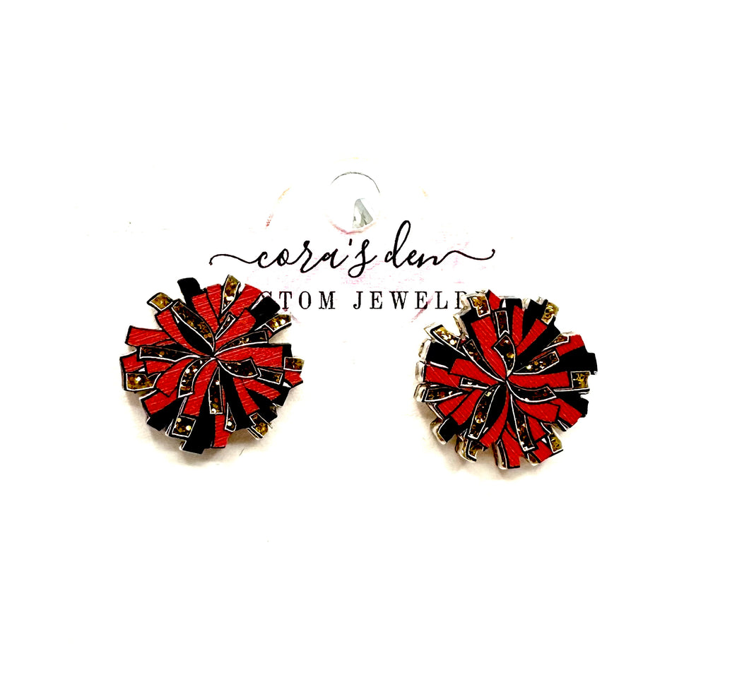 Cheer Pom Stud Earrings Gold Glitter/Black/Red