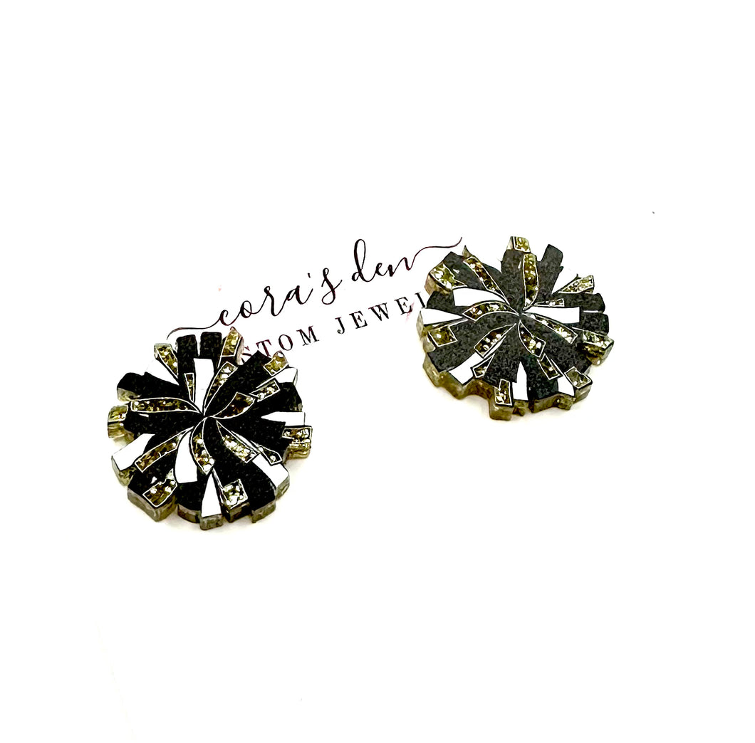 Cheer Pom Stud Earrings Gold/Black/White