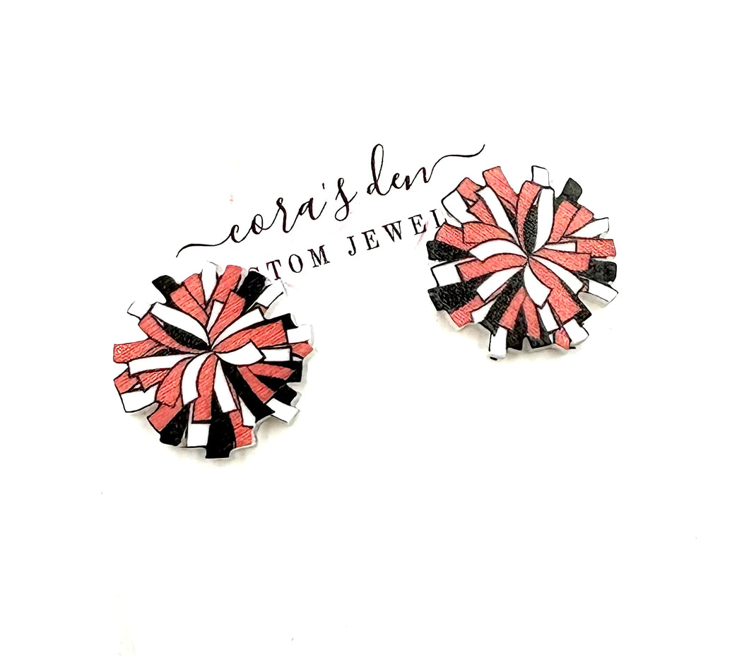 Cheer Pom Stud Earrings Red/Black/White