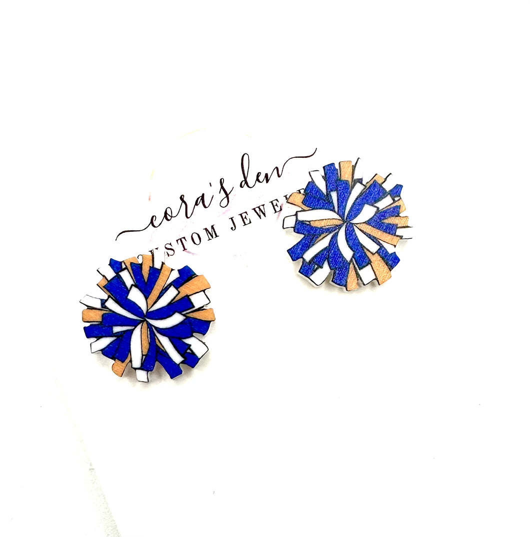 Cheer Pom Stud Earrings  Blue/Orange/White