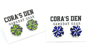 Cheer Pom Stud Earrings Green/Purple/Silver Glitter - Blue/Black/White