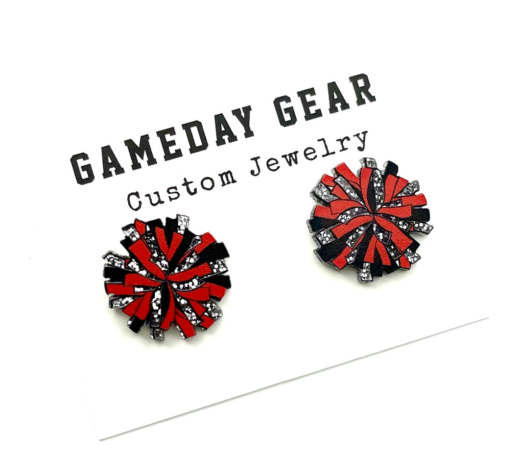 Cheer Pom Stud Earrings Red/Black/Silver Glitter