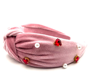 LAST ONE - Valentines Pink Velvet Headband w/ Heart Jewels